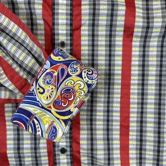 Robert Graham Shirt Mens 2XL Red Striped Cotton Silk Flip Cuff Geometric Paisey